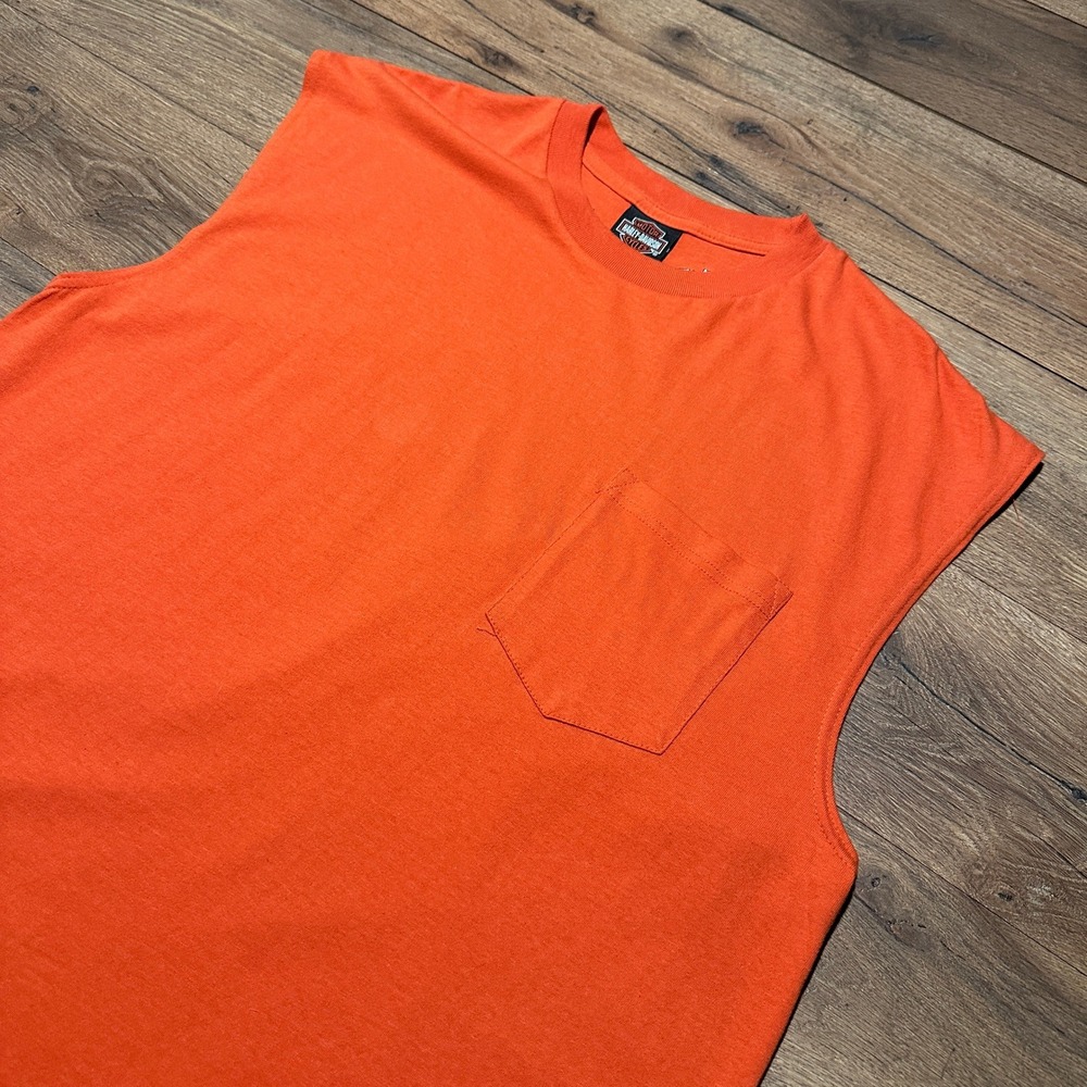 Harley Davidson Blank Orange Sleeveless Pocket‎ T-Shirt Men XL